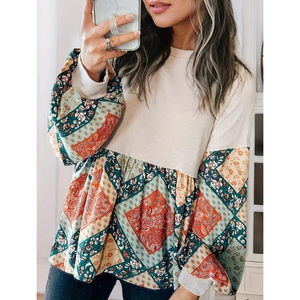 LAST 2! Boho Patchwork Ruffle Lantern Sleeve Sweatshirt!